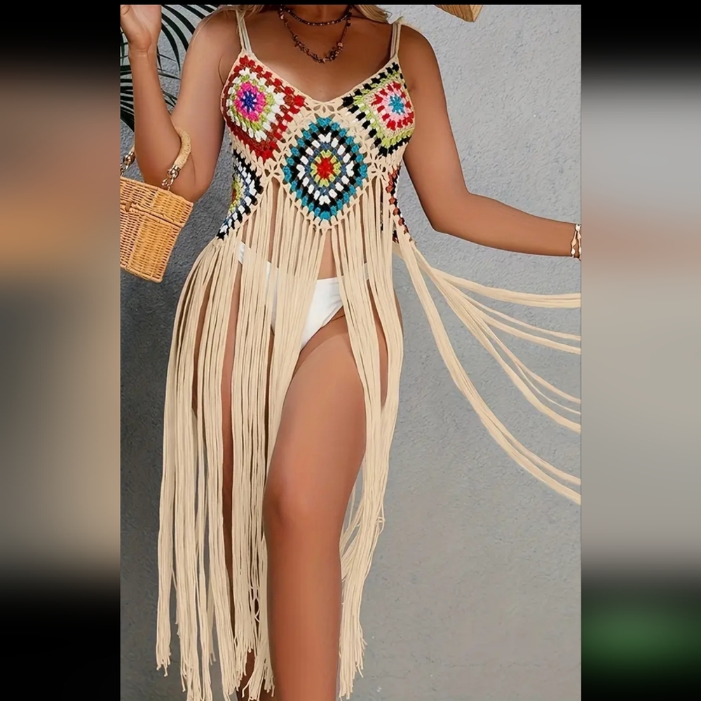 Boho Chic Beach Cover-Up Semi-Sheer Boho Chic Crochet Embroidered Tassel Beach - Picture 2 of 2